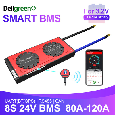 Deligreen Smart Bms Lifepo4 pin 8S 24v 80-120A Với chức năng UART BT 485 CAN cho lưu trữ ngoài trời RV